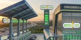 A rodovia que liga os maiores mercados do carro elétrico ainda não tem rede de recarga própria Projeção conceitual de unidade da rede Rota BR 101: estação de recarga rápida com carregadores DC, cobertura fotovoltaica e conveniência integrada ao longo do corredor da BR-101.
